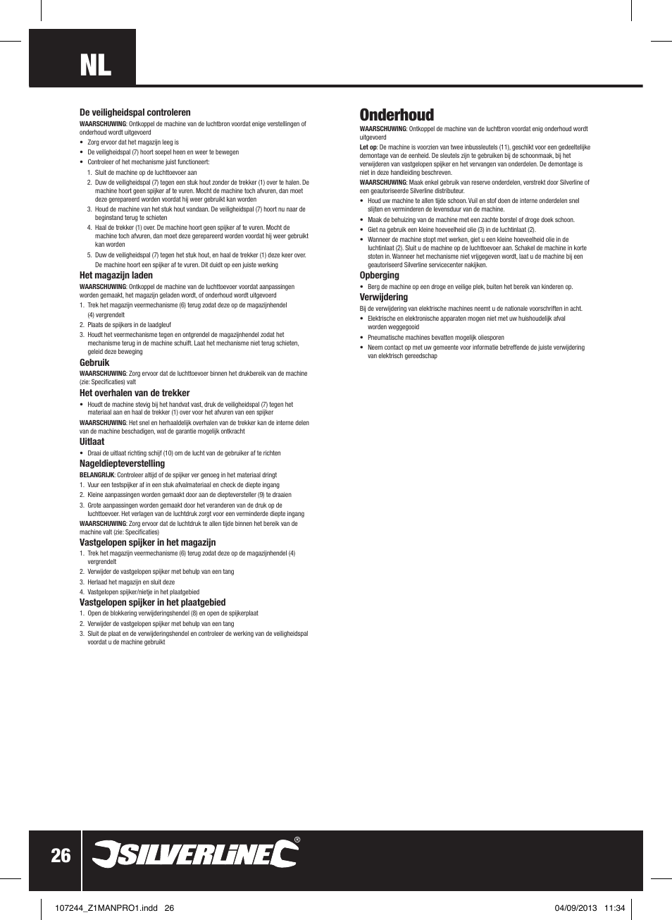 Onderhoud | Silverline Air Finishing Nailer 50mm User Manual | Page 27 / 32