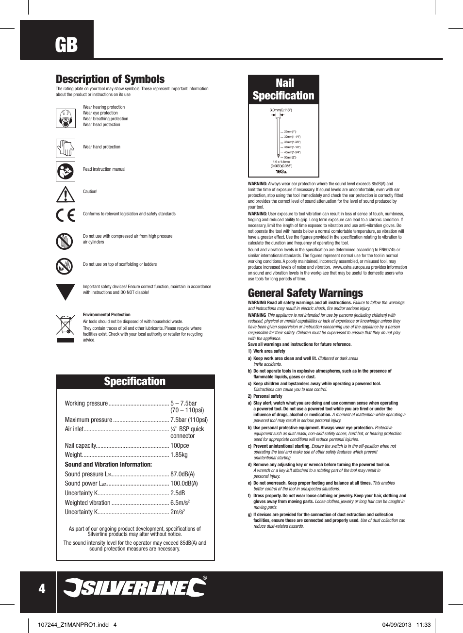 General safety warnings, Description of symbols, Specification | Nail specification | Silverline Air Finishing Nailer 50mm User Manual | Page 5 / 32