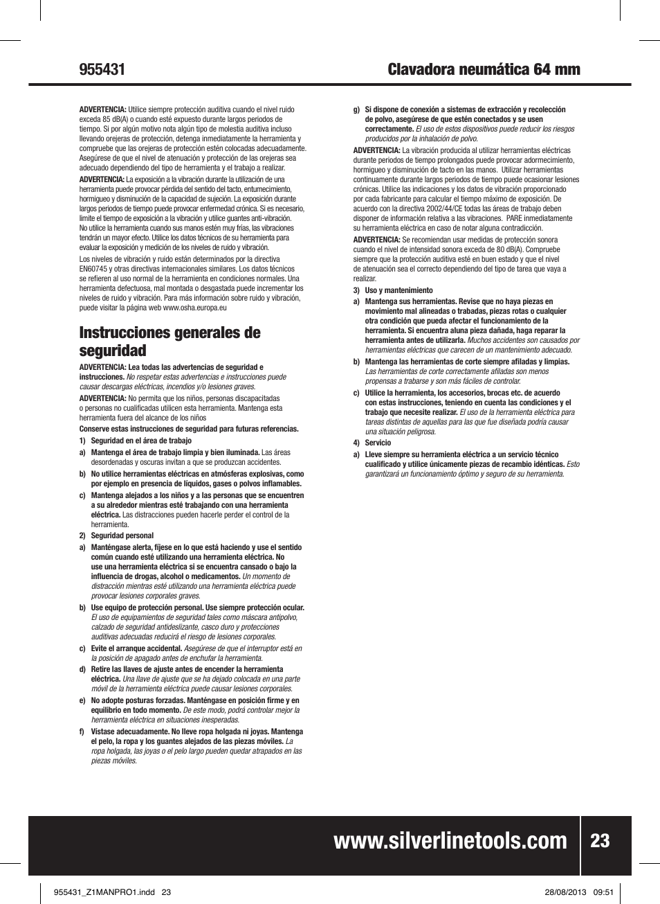 Instrucciones generales de seguridad | Silverline Air Finishing Nailer 64mm User Manual | Page 24 / 44