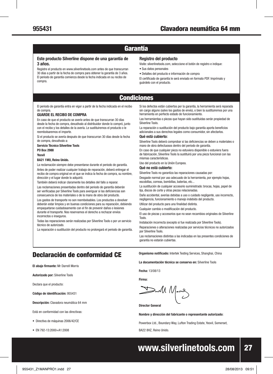 Declaración de conformidad ce | Silverline Air Finishing Nailer 64mm User Manual | Page 28 / 44