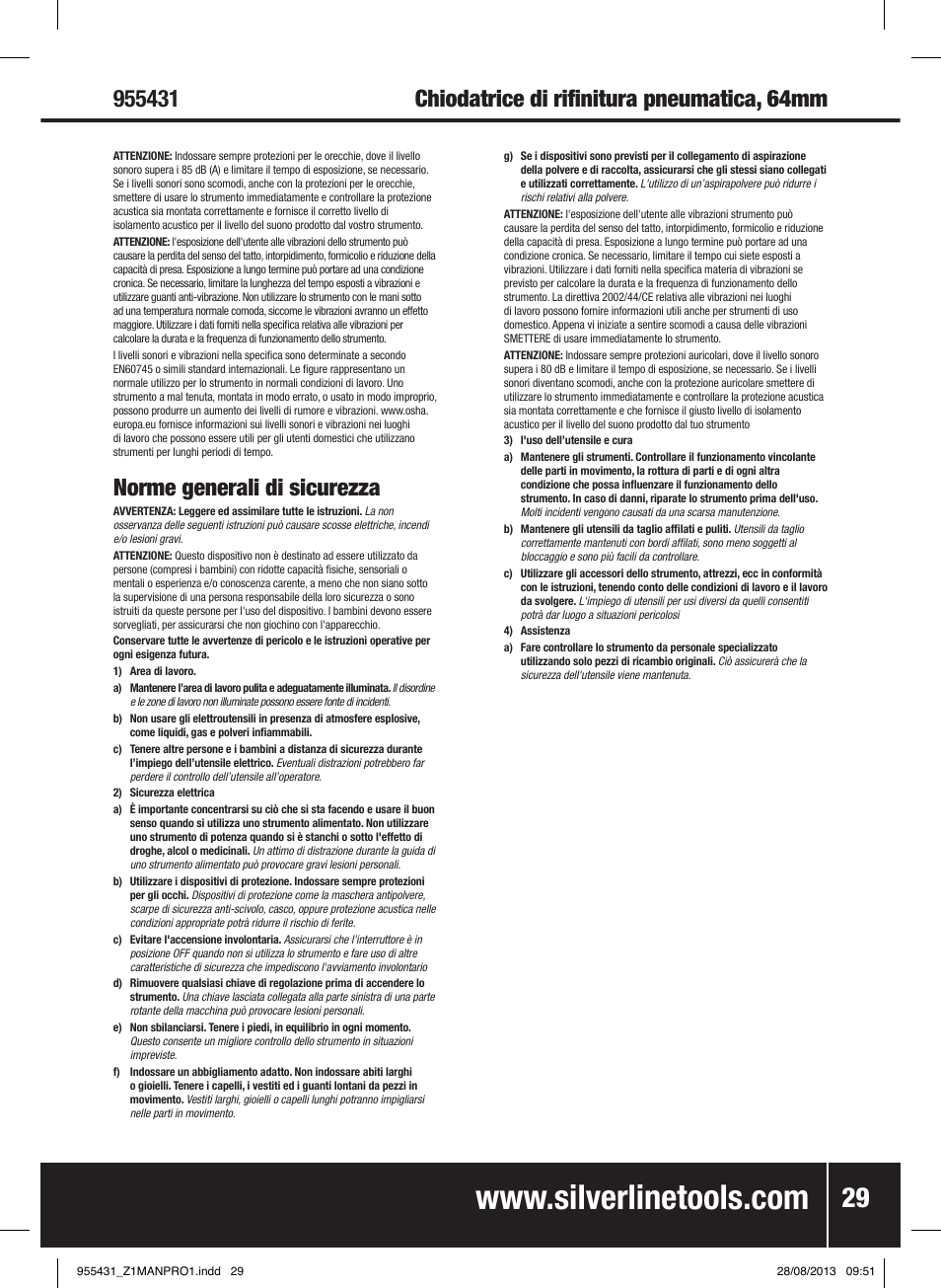 Norme generali di sicurezza | Silverline Air Finishing Nailer 64mm User Manual | Page 30 / 44