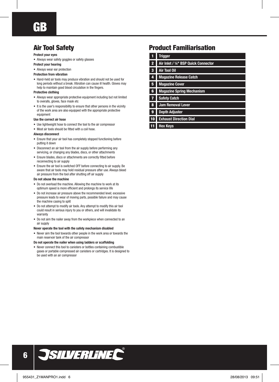 Product familiarisation air tool safety | Silverline Air Finishing Nailer 64mm User Manual | Page 7 / 44