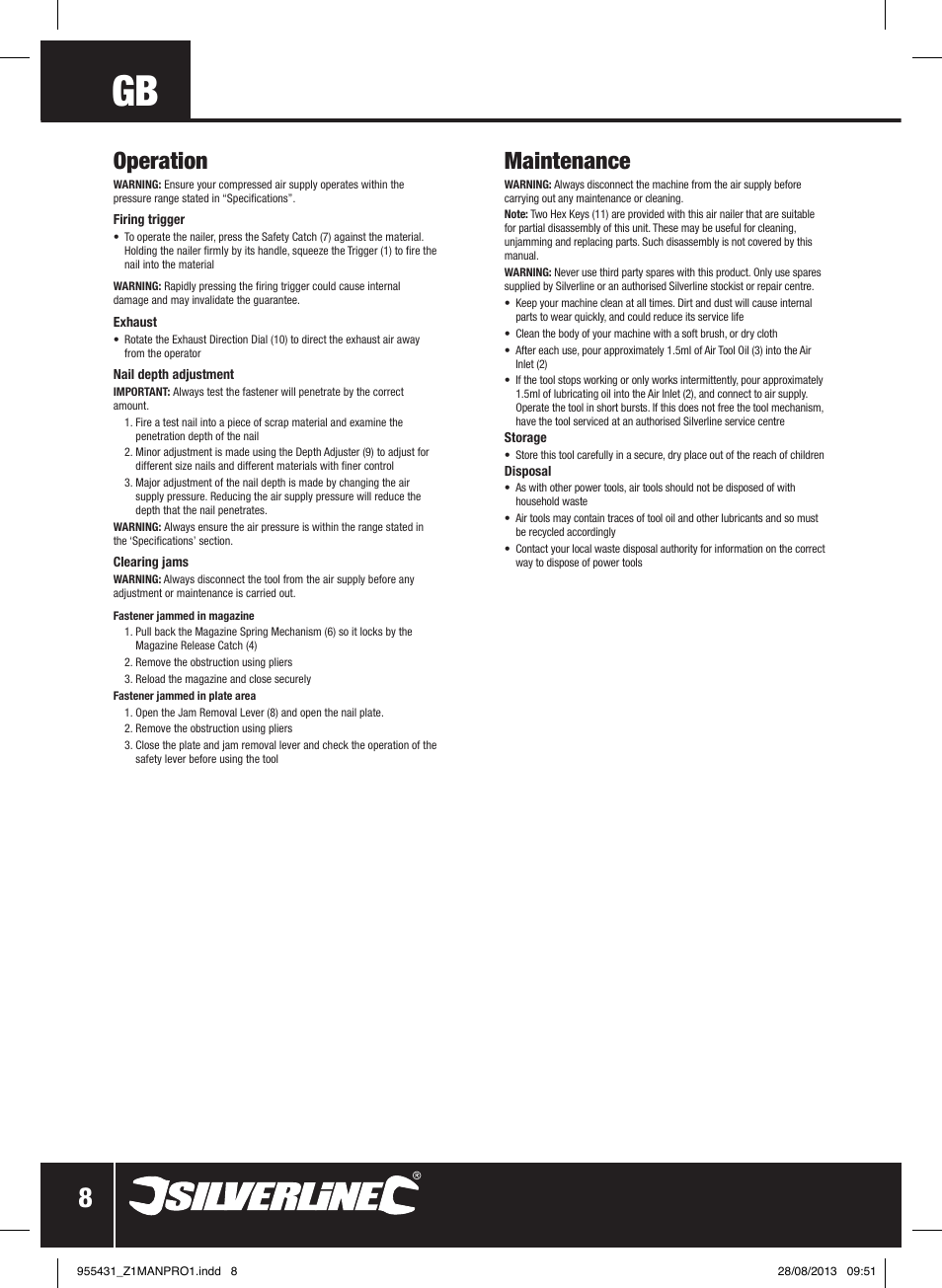 Operation, Maintenance | Silverline Air Finishing Nailer 64mm User Manual | Page 9 / 44