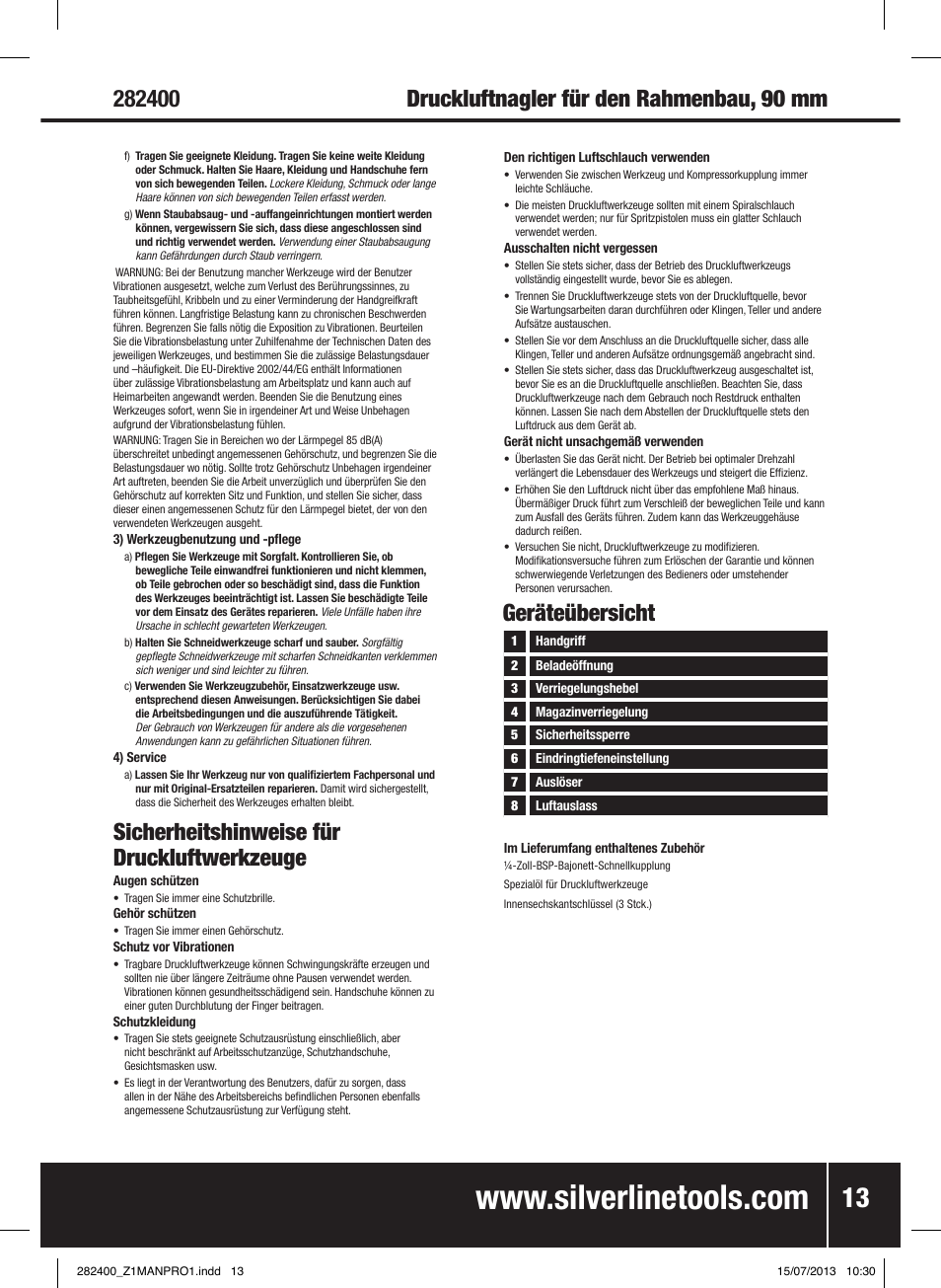 Sicherheitshinweise für druckluftwerkzeuge, Geräteübersicht | Silverline Air Framing Nailer 90mm User Manual | Page 14 / 32