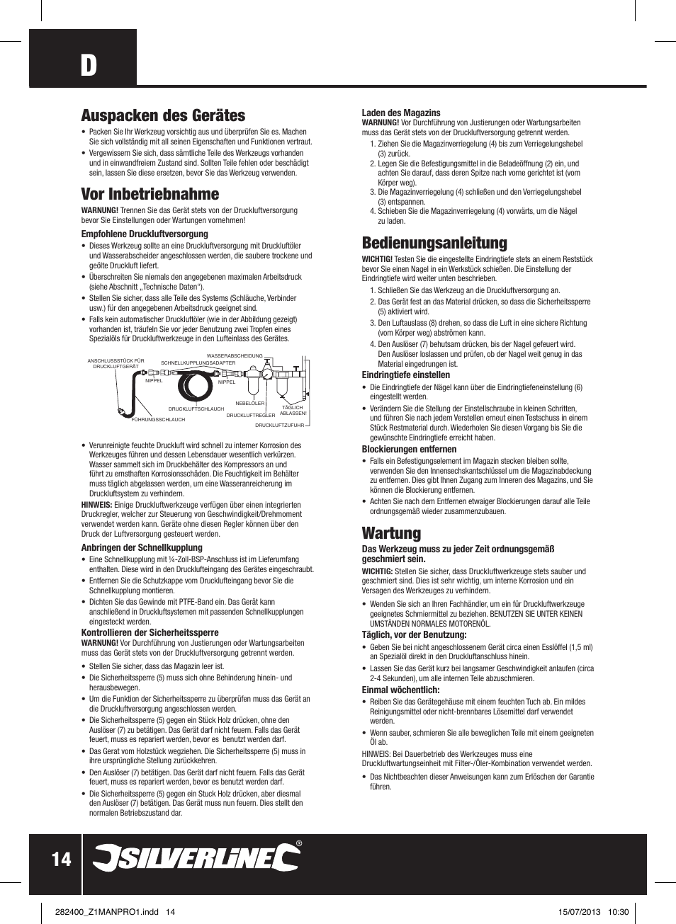 Auspacken des gerätes, Vor inbetriebnahme, Bedienungsanleitung | Wartung | Silverline Air Framing Nailer 90mm User Manual | Page 15 / 32