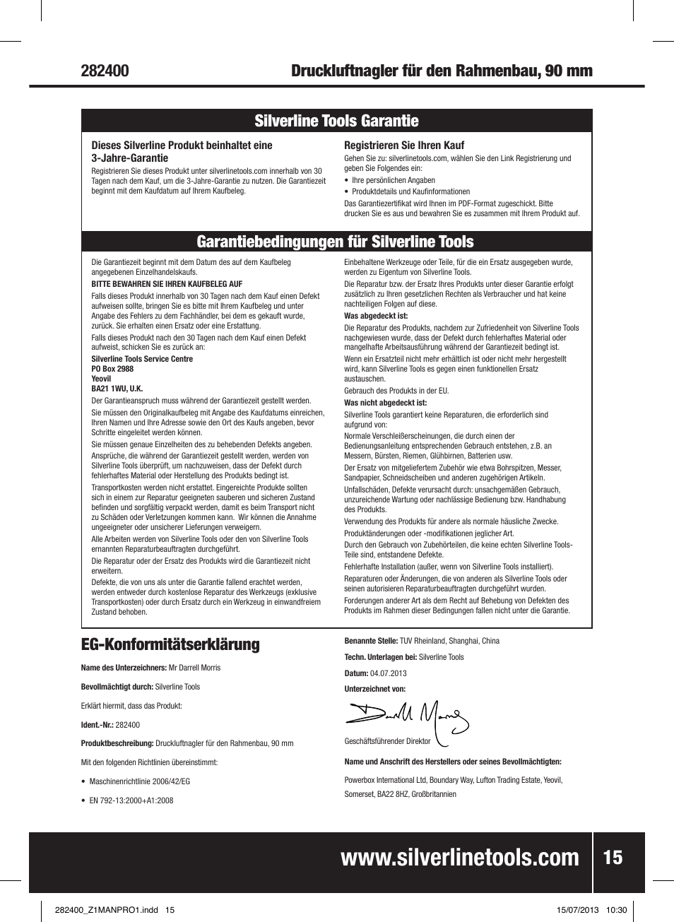 Eg-konformitätserklärung, Druckluftnagler für den rahmenbau, 90 mm | Silverline Air Framing Nailer 90mm User Manual | Page 16 / 32