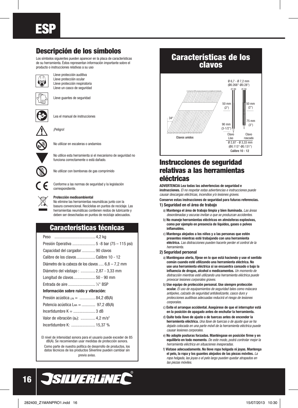 Características de los clavos, Características técnicas, Descripción de los símbolos | Silverline Air Framing Nailer 90mm User Manual | Page 17 / 32