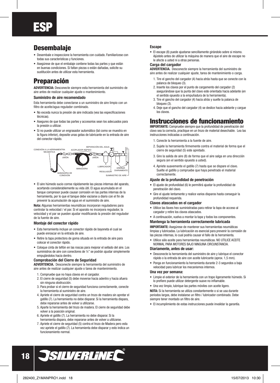 Desembalaje, Preparación, Instrucciones de funcionamiento | Silverline Air Framing Nailer 90mm User Manual | Page 19 / 32