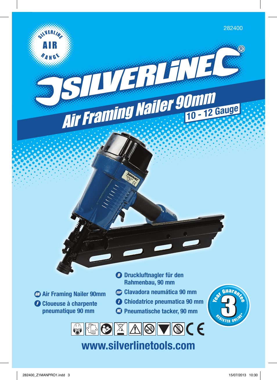 Air framing n ailer 90mm, A i r, 10 - 12 gauge | Silverline Air Framing Nailer 90mm User Manual | Page 2 / 32