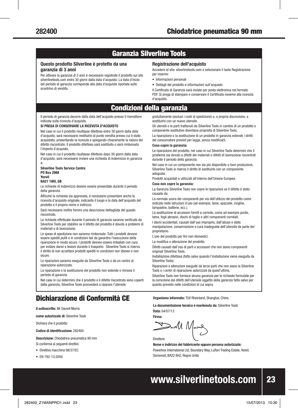 Dichiarazione di conformità ce | Silverline Air Framing Nailer 90mm User Manual | Page 24 / 32