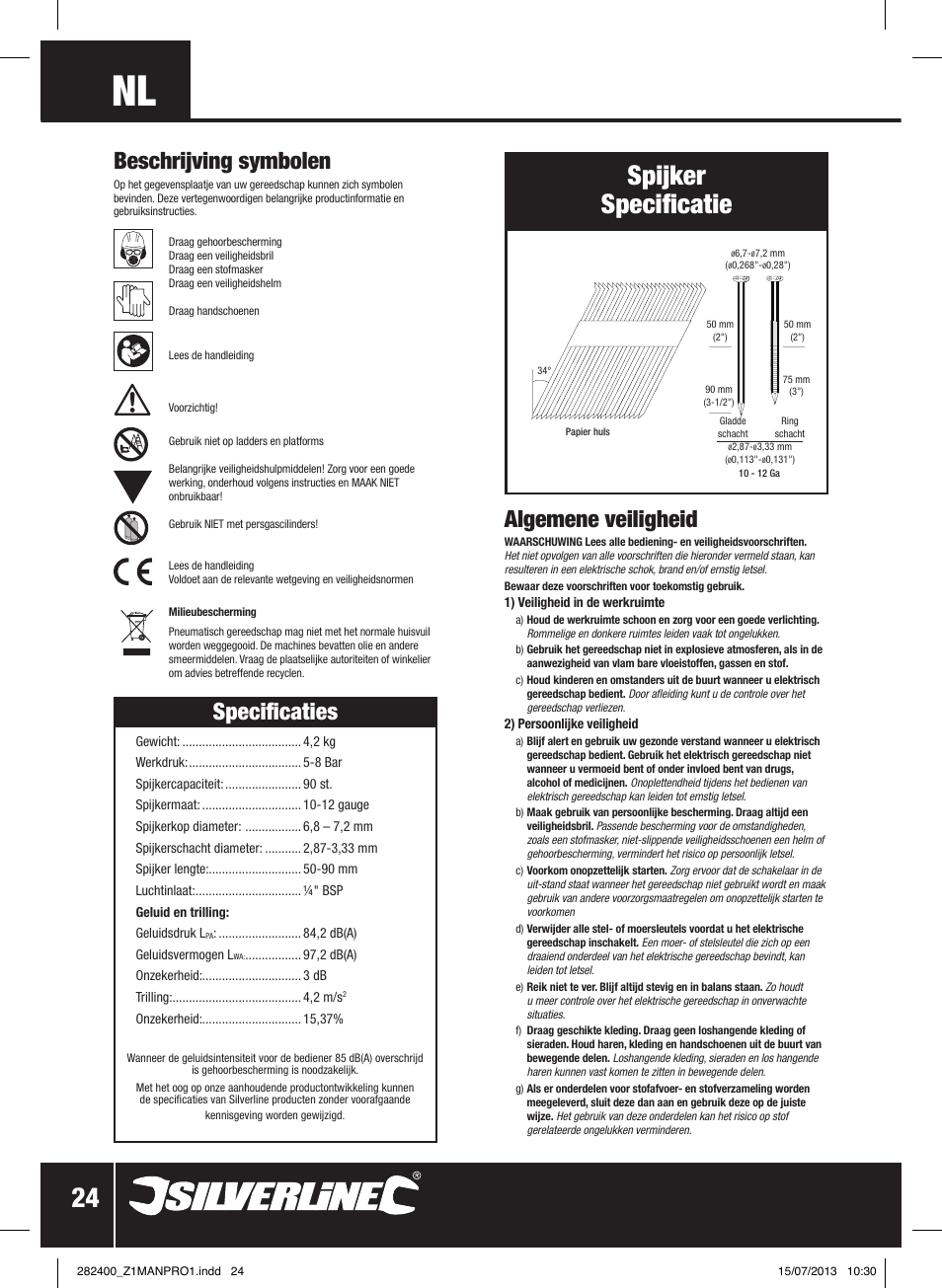 Spijker specificatie, Specificaties, Algemene veiligheid | Beschrijving symbolen | Silverline Air Framing Nailer 90mm User Manual | Page 25 / 32