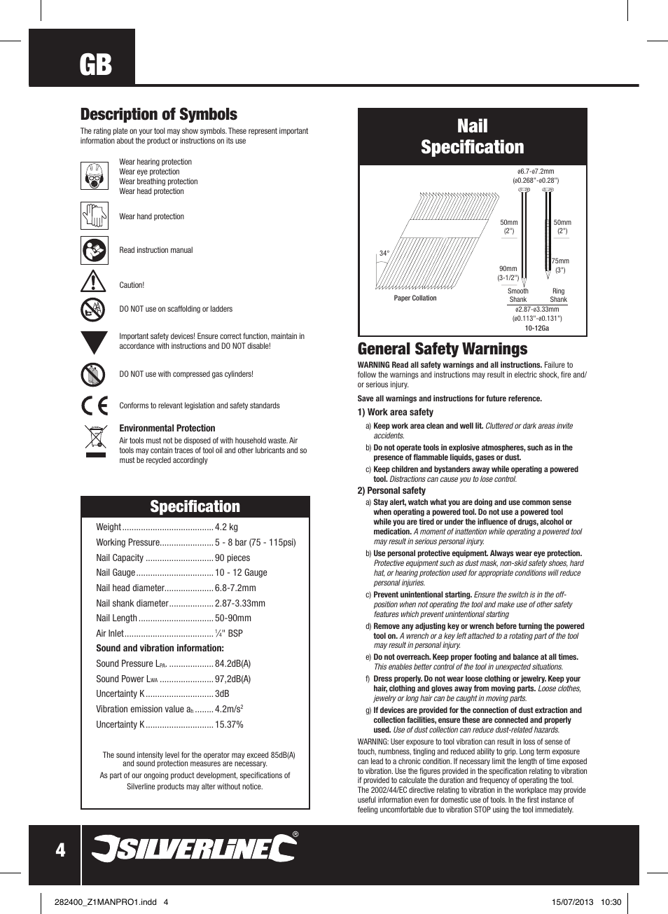 Nail specification, Description of symbols, Specification | General safety warnings | Silverline Air Framing Nailer 90mm User Manual | Page 5 / 32