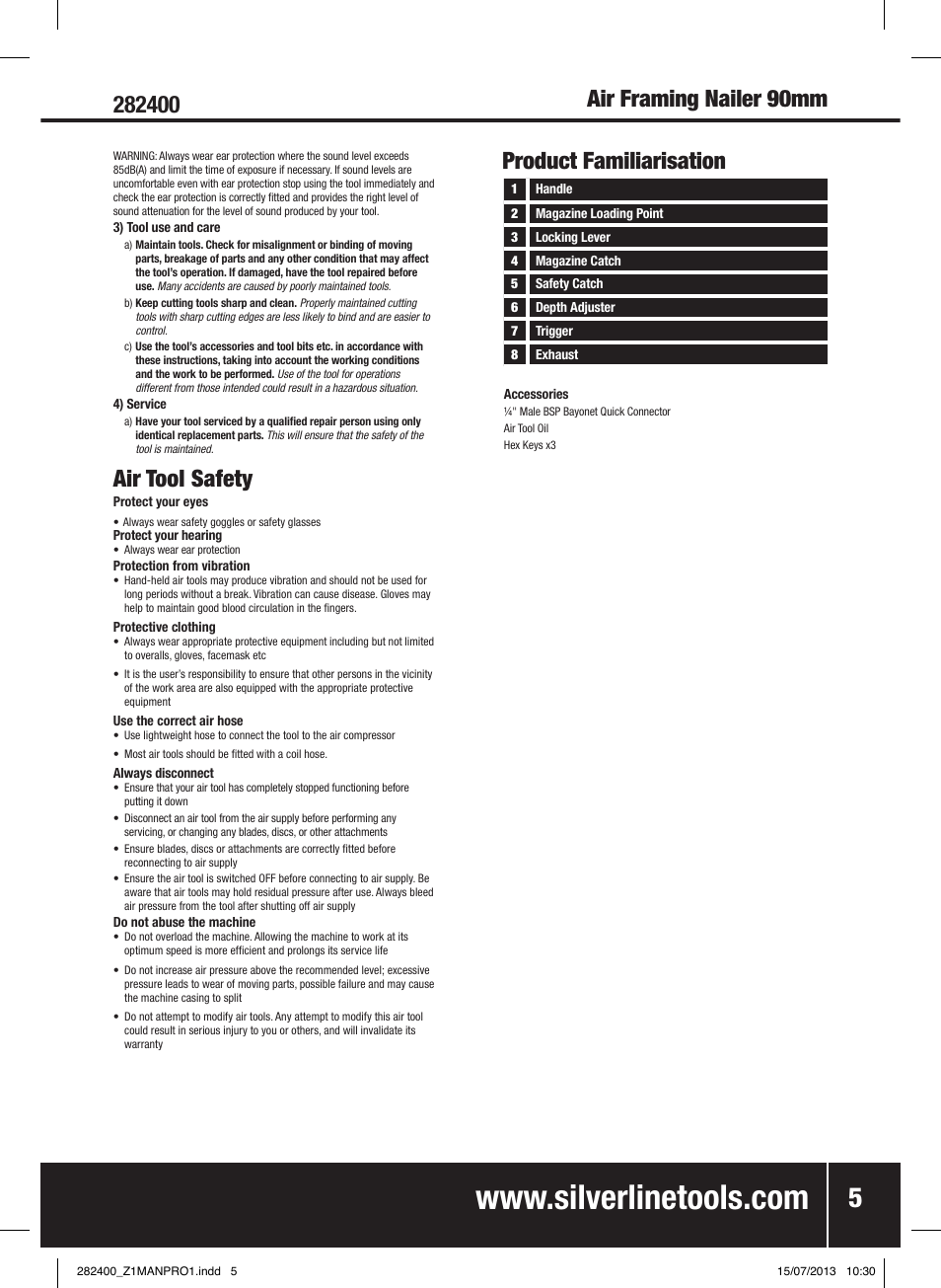 Air tool safety, Product familiarisation | Silverline Air Framing Nailer 90mm User Manual | Page 6 / 32