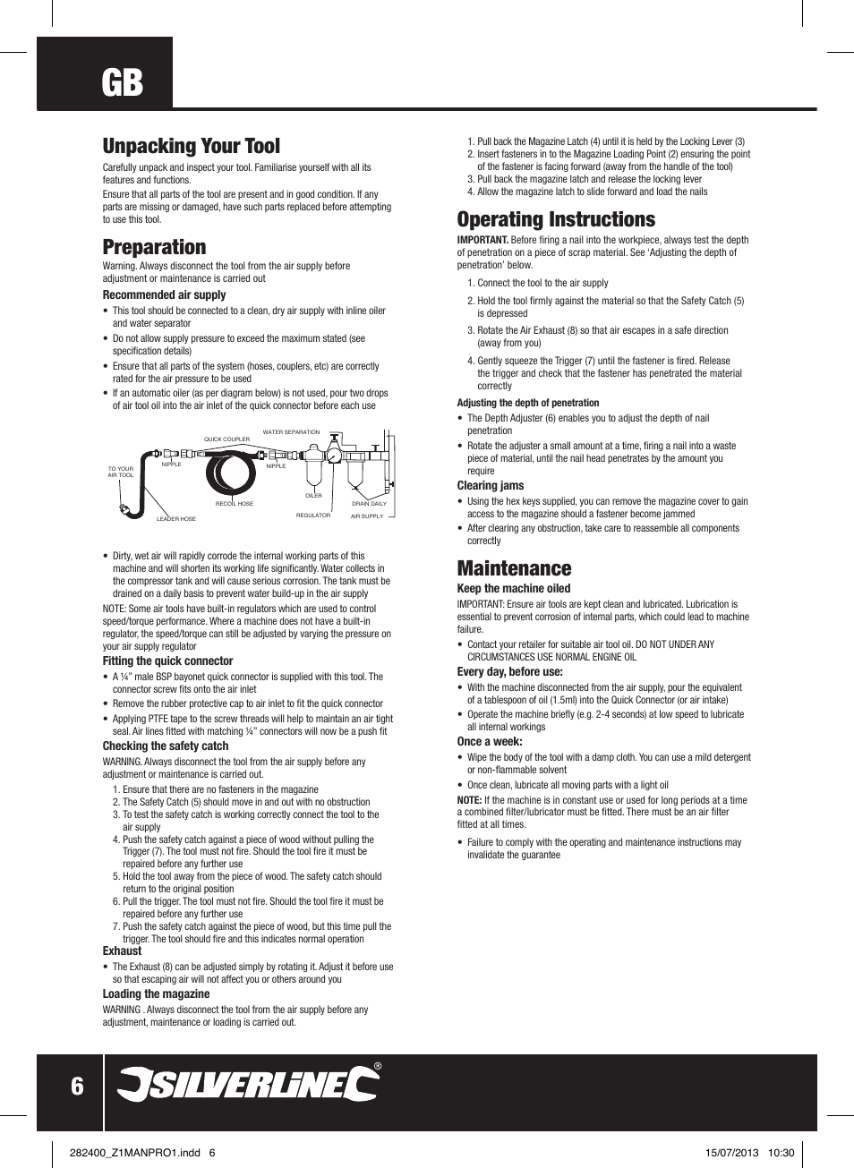 Unpacking your tool, Preparation, Operating instructions | Maintenance | Silverline Air Framing Nailer 90mm User Manual | Page 7 / 32