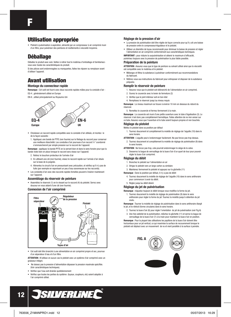Utilisation appropriée, Déballage, Avant utilisation | Eq-4, En-6, Fig. a | Silverline Spray Gun High Pressure User Manual | Page 13 / 44