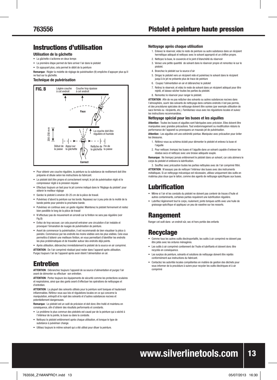 Instructions d’utilisation, Entretien, Pistolet à peinture haute pression | Lubrification, Rangement, Recyclage, Fig. b | Silverline Spray Gun High Pressure User Manual | Page 14 / 44