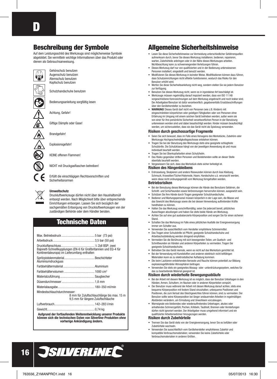 Technische daten, Allgemeine sicherheitshinweise, Beschreibung der symbole | Silverline Spray Gun High Pressure User Manual | Page 17 / 44