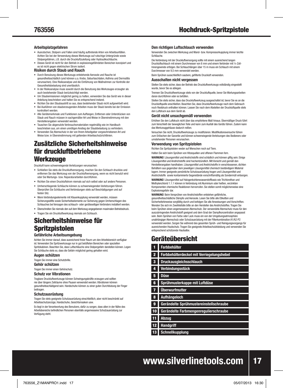 Hochdruck-spritzpistole, Sicherheitshinweise für spritzpistolen | Silverline Spray Gun High Pressure User Manual | Page 18 / 44