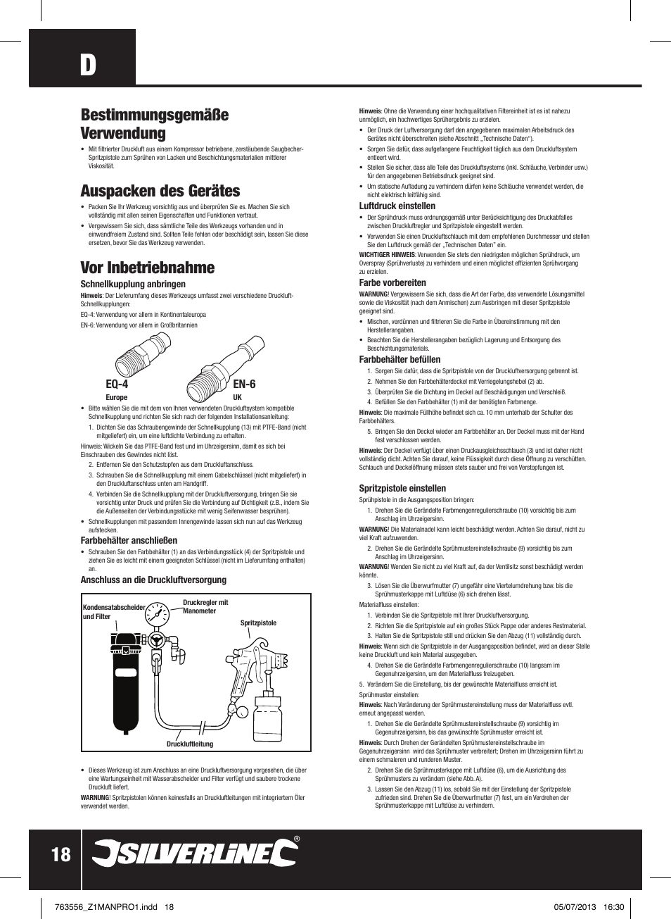Bestimmungsgemäße verwendung, Auspacken des gerätes, Vor inbetriebnahme | Eq-4, En-6 | Silverline Spray Gun High Pressure User Manual | Page 19 / 44