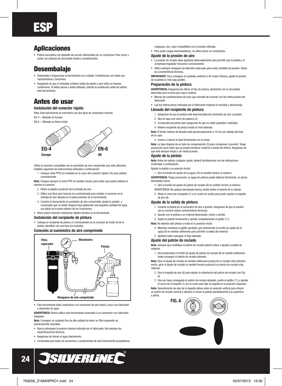 Aplicaciones, Desembalaje, Antes de usar | Eq-4, En-6, Fig. a | Silverline Spray Gun High Pressure User Manual | Page 25 / 44