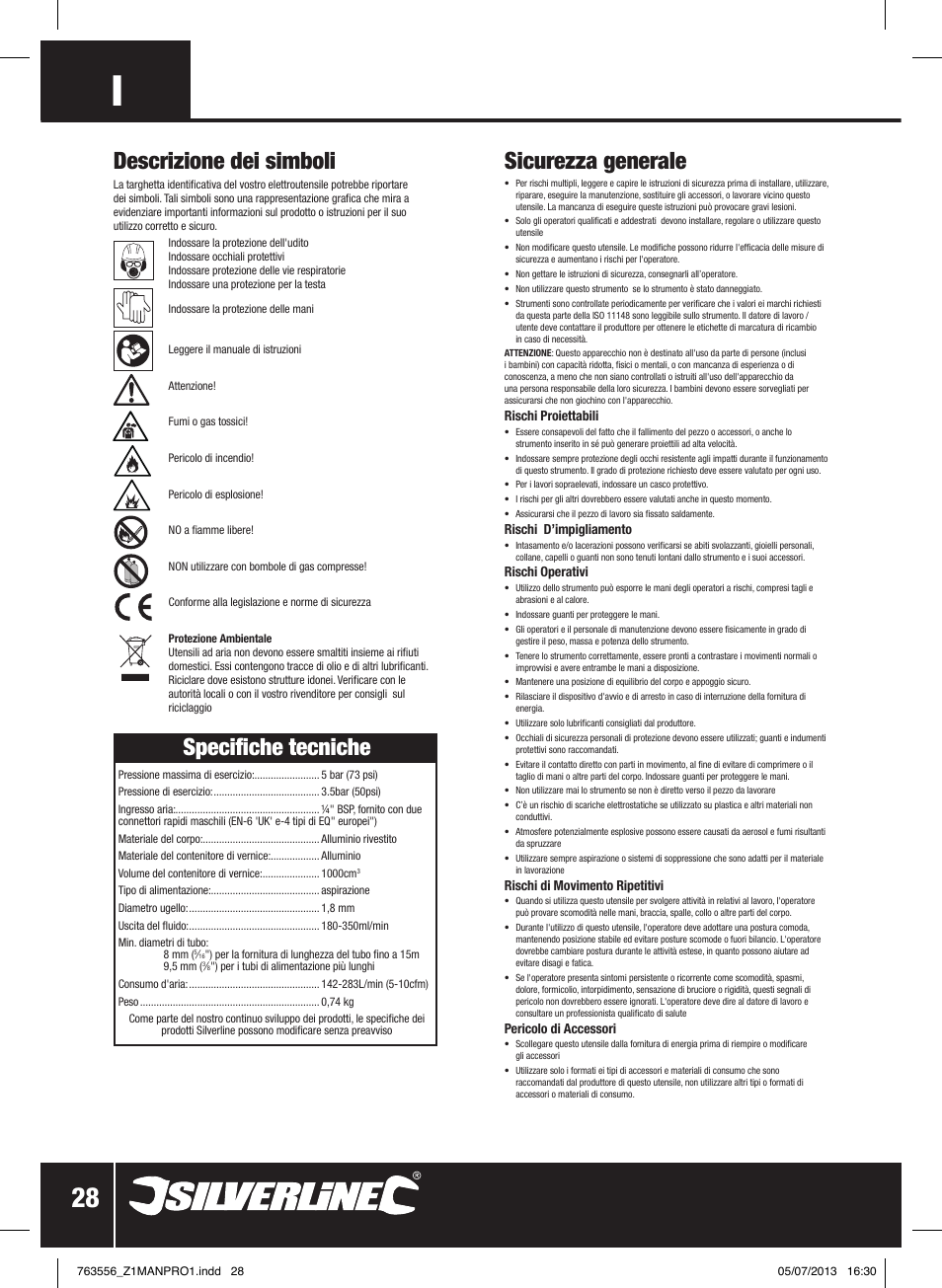 Descrizione dei simboli, Sicurezza generale, Specifiche tecniche | Silverline Spray Gun High Pressure User Manual | Page 29 / 44