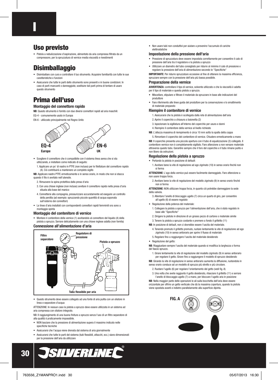 Uso previsto, Disimballaggio, Prima dell’uso | Eq-4, En-6, Fig. a | Silverline Spray Gun High Pressure User Manual | Page 31 / 44