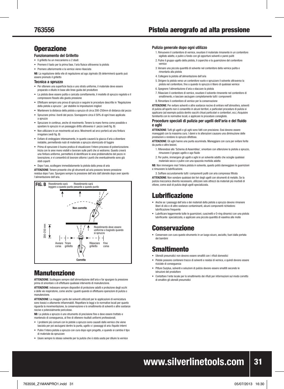 Pistola aerografo ad alta pressione operazione, Manutenzione, Lubrificazione | Conservazione, Smaltimento, Fig. b | Silverline Spray Gun High Pressure User Manual | Page 32 / 44