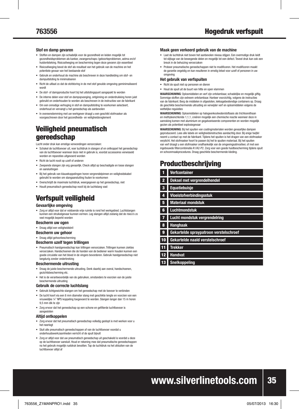 Hogedruk verfspuit, Veiligheid pneumatisch gereedschap, Verfspuit veiligheid | Productbeschrijving | Silverline Spray Gun High Pressure User Manual | Page 36 / 44