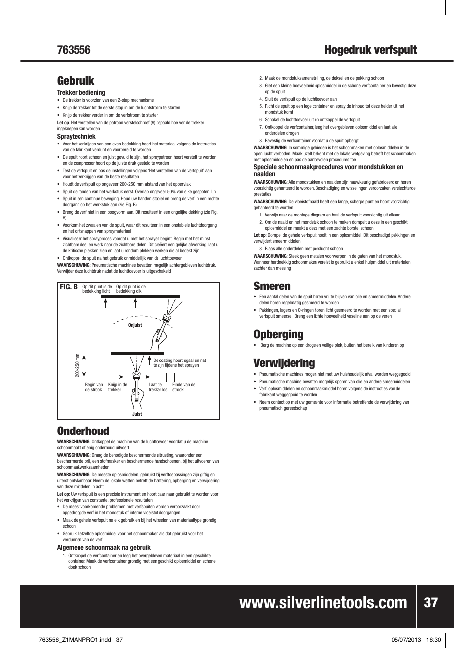 Gebruik, Onderhoud, Hogedruk verfspuit | Smeren, Opberging, Verwijdering, Fig. b | Silverline Spray Gun High Pressure User Manual | Page 38 / 44