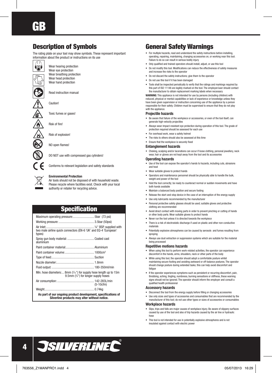 General safety warnings, Specification, Description of symbols | Silverline Spray Gun High Pressure User Manual | Page 5 / 44