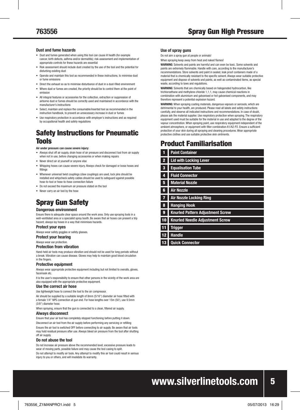 Safety instructions for pneumatic tools, Spray gun safety, Product familiarisation | Silverline Spray Gun High Pressure User Manual | Page 6 / 44