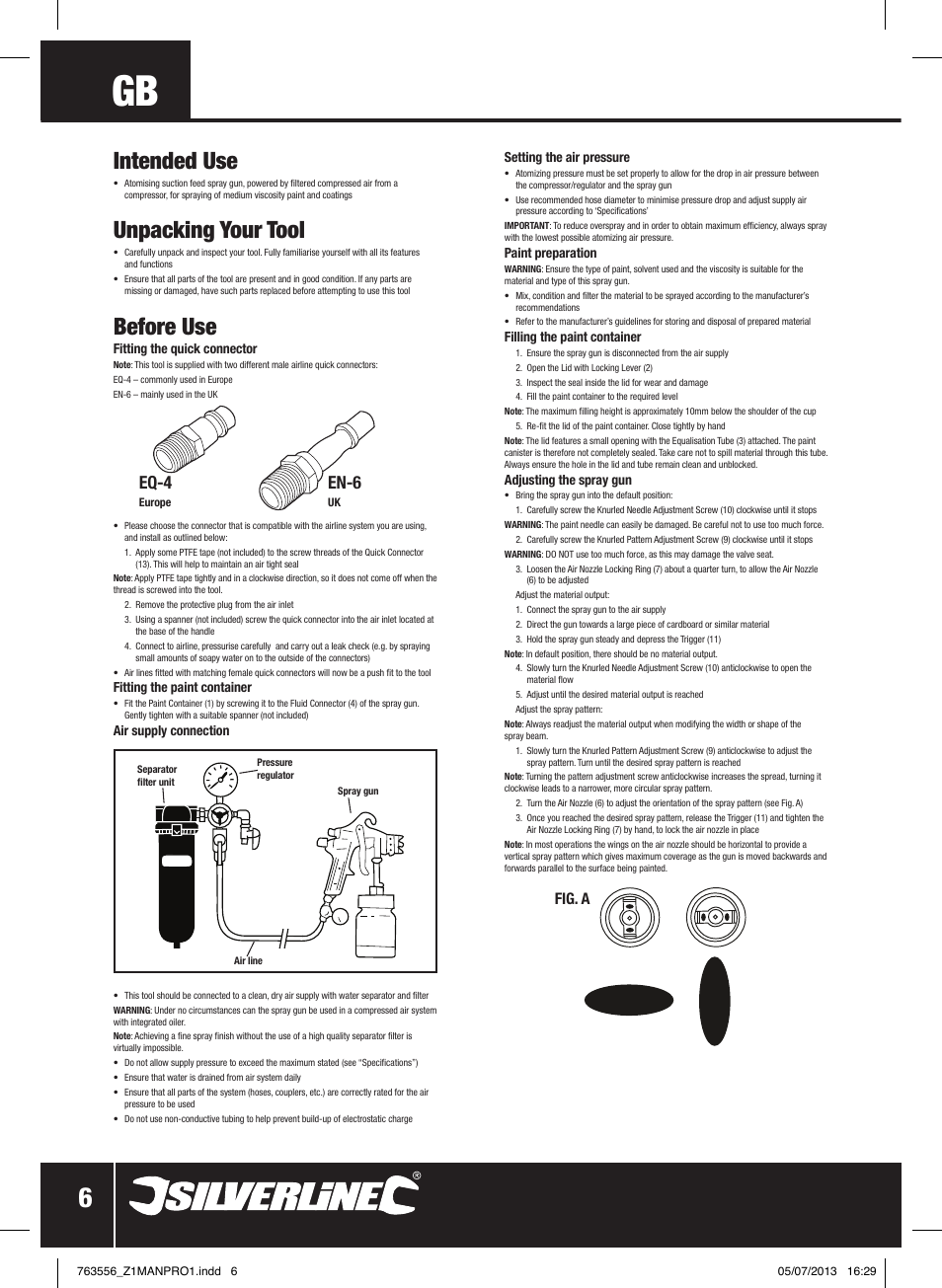 Intended use, Unpacking your tool, Before use | Eq-4, En-6, Fig. a | Silverline Spray Gun High Pressure User Manual | Page 7 / 44