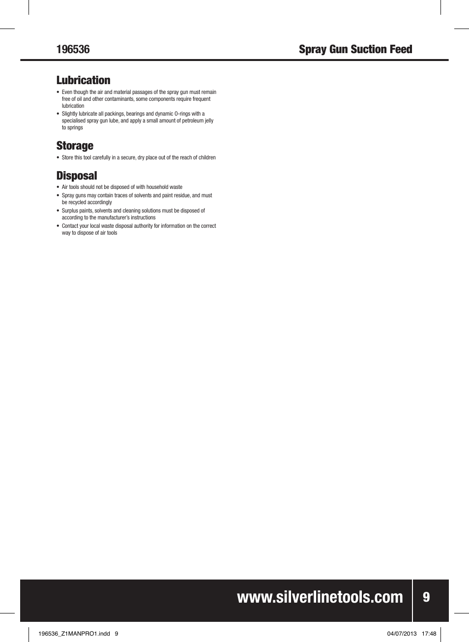 Storage, Disposal | Silverline Spray Gun Suction Feed User Manual | Page 10 / 56