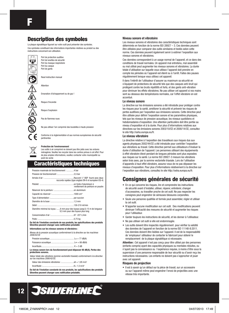 Caractéristiques techniques, Consignes générales de sécurité, Description des symboles | Silverline Spray Gun Suction Feed User Manual | Page 13 / 56