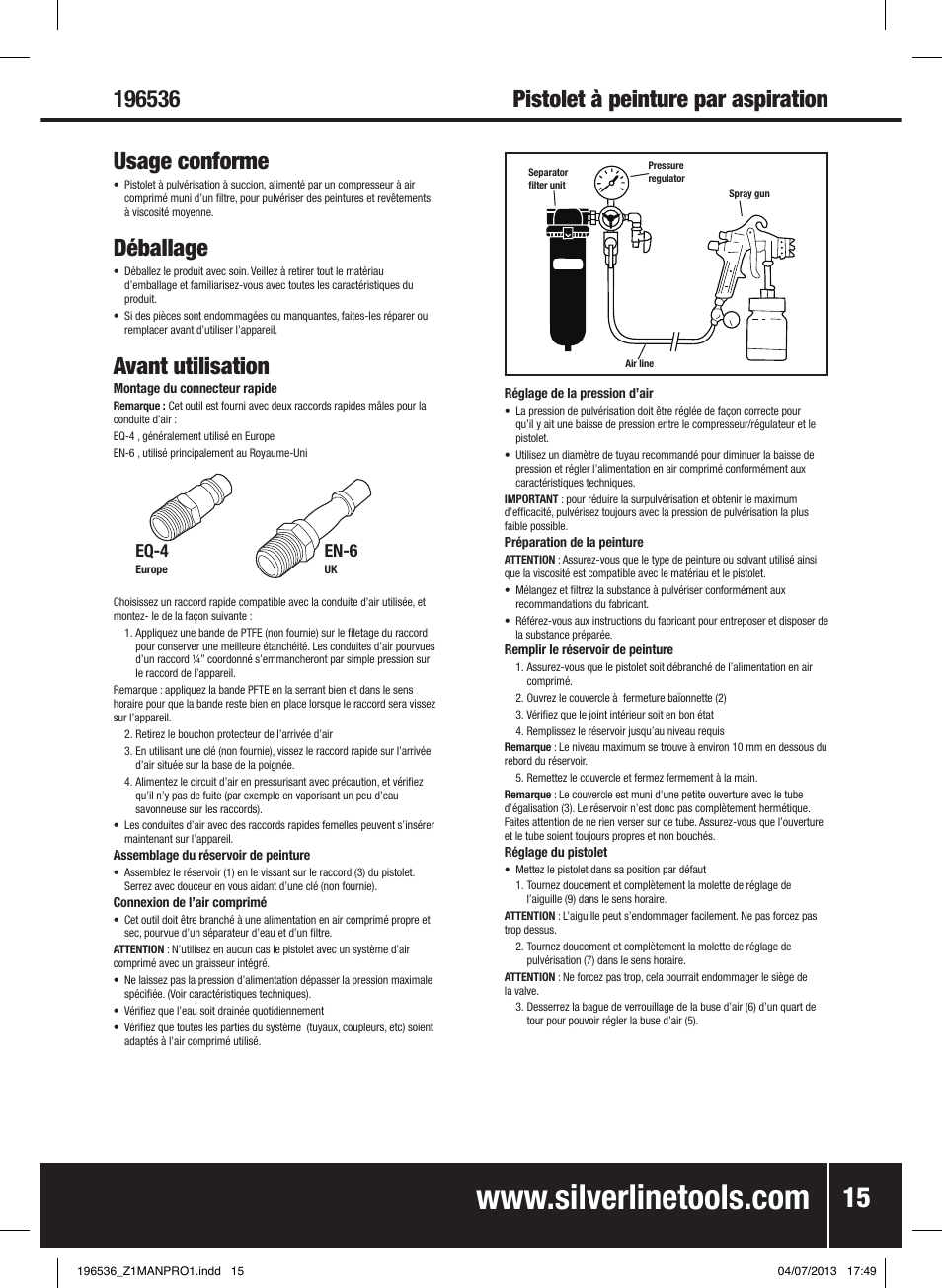 Pistolet à peinture par aspiration usage conforme, Déballage, Avant utilisation | Eq-4, En-6 | Silverline Spray Gun Suction Feed User Manual | Page 16 / 56