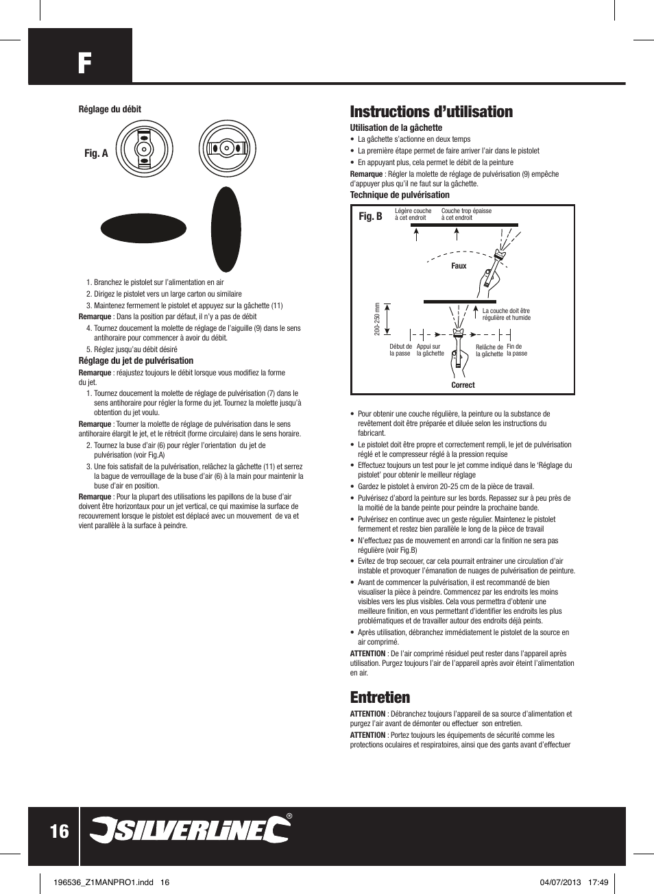 Instructions d’utilisation, Entretien | Silverline Spray Gun Suction Feed User Manual | Page 17 / 56