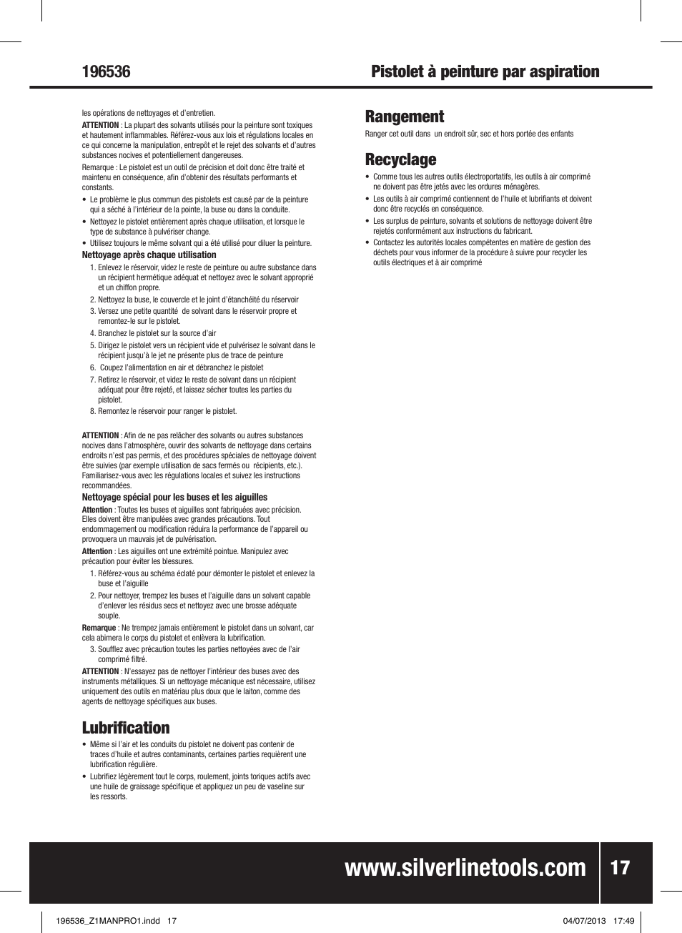 Lubrification, Rangement, Recyclage | Silverline Spray Gun Suction Feed User Manual | Page 18 / 56