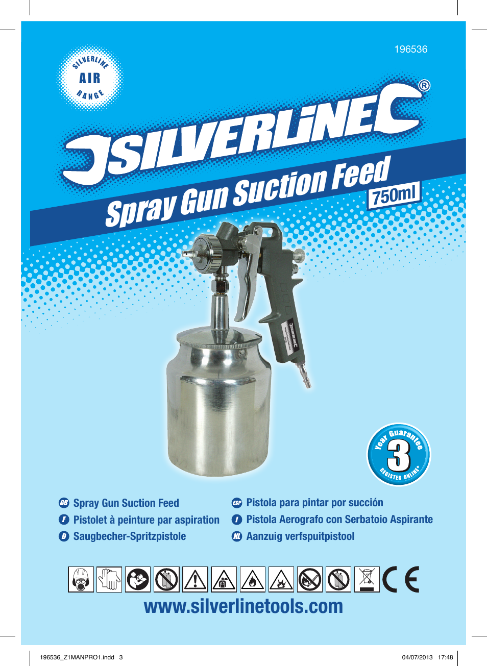 Spray gun suction feed, 750ml, A i r | Silverline Spray Gun Suction Feed User Manual | Page 2 / 56