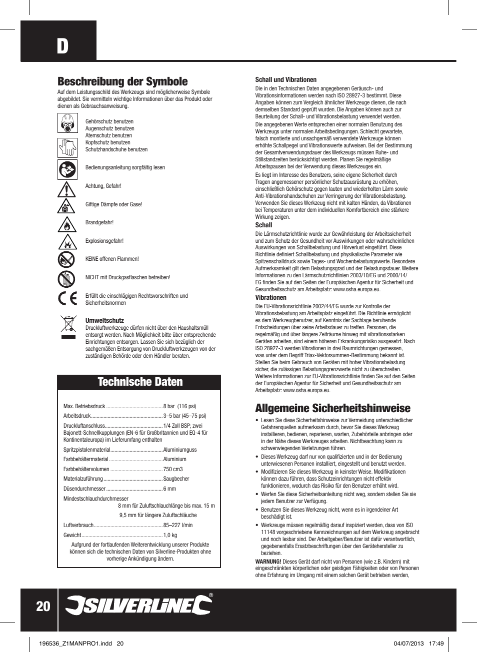 Technische daten, Allgemeine sicherheitshinweise, Beschreibung der symbole | Silverline Spray Gun Suction Feed User Manual | Page 21 / 56