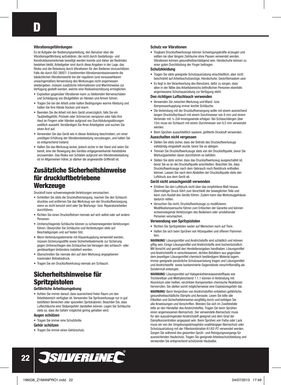 Sicherheitshinweise für spritzpistolen | Silverline Spray Gun Suction Feed User Manual | Page 23 / 56