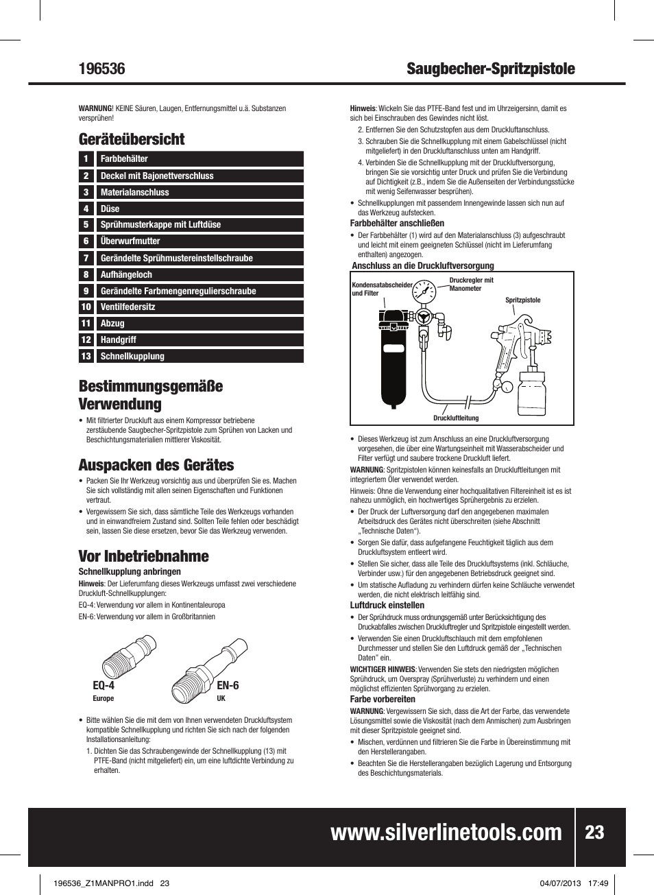 Saugbecher-spritzpistole, Geräteübersicht, Bestimmungsgemäße verwendung | Auspacken des gerätes, Vor inbetriebnahme | Silverline Spray Gun Suction Feed User Manual | Page 24 / 56