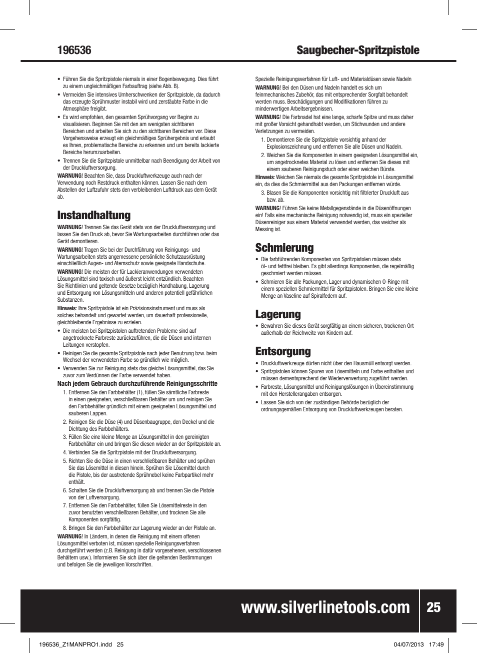 Instandhaltung, Schmierung, Lagerung | Entsorgung | Silverline Spray Gun Suction Feed User Manual | Page 26 / 56