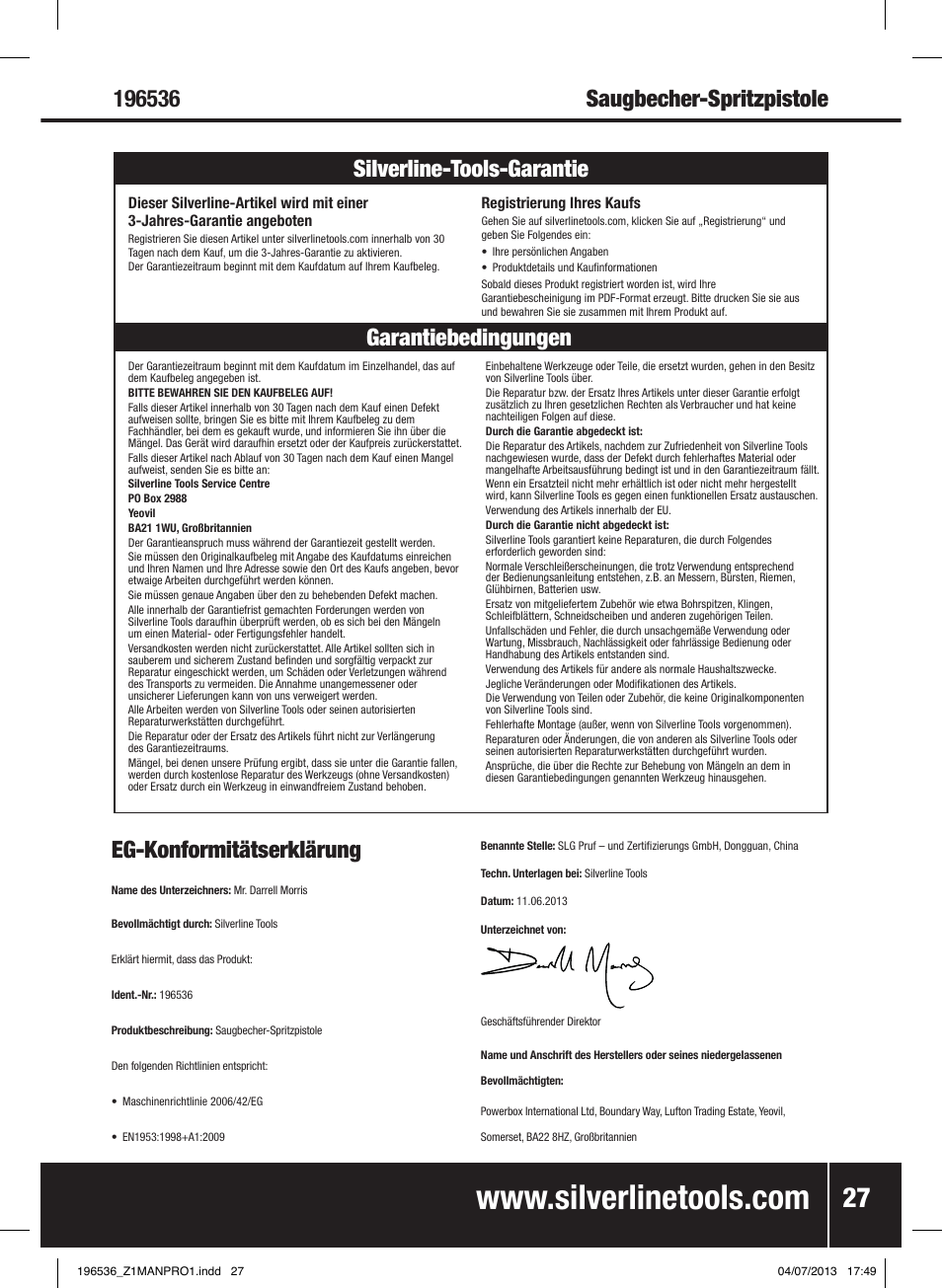 Saugbecher-spritzpistole eg-konformitätserklärung, Garantiebedingungen silverline-tools-garantie | Silverline Spray Gun Suction Feed User Manual | Page 28 / 56