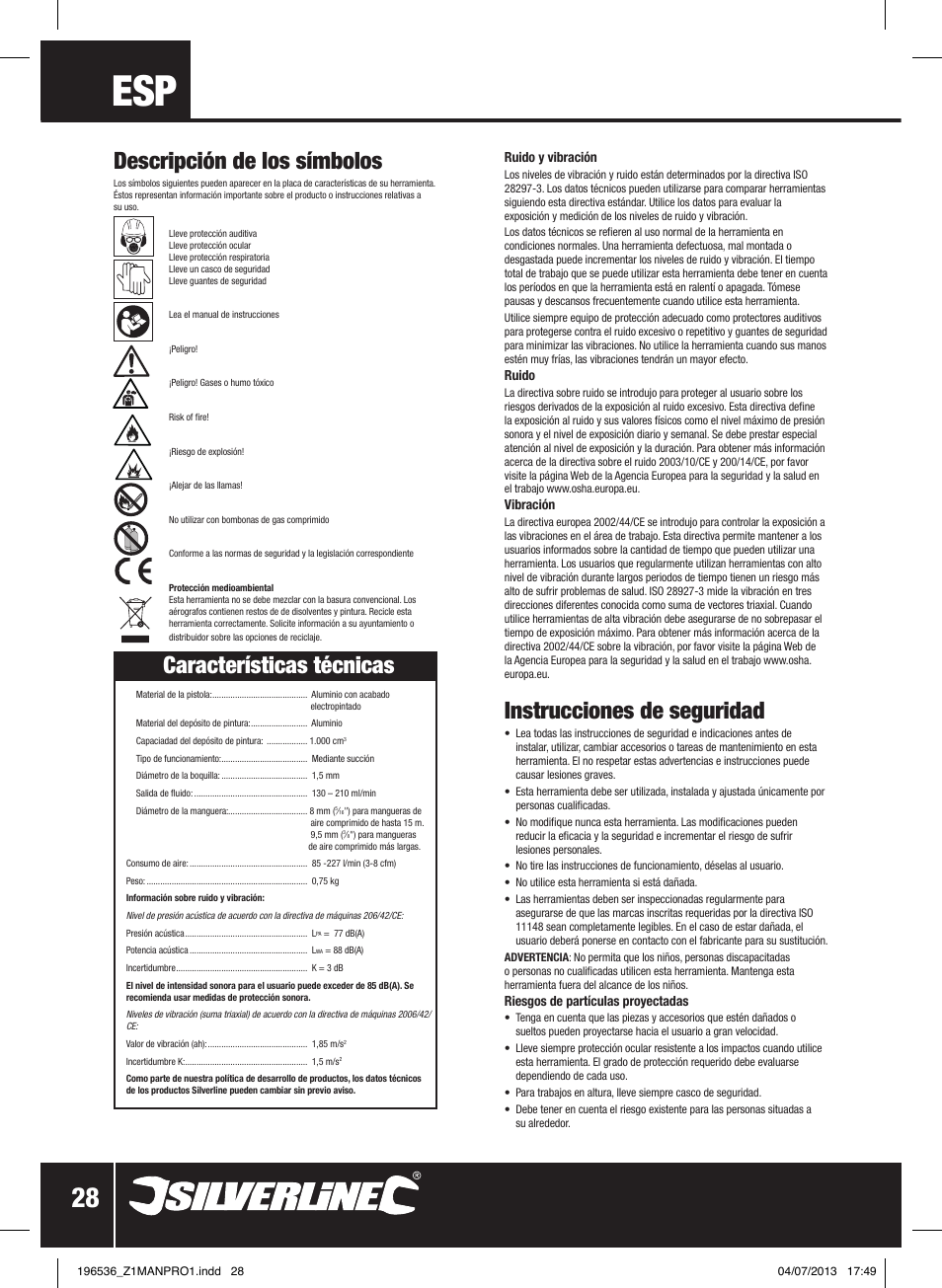 Instrucciones de seguridad, Características técnicas, Descripción de los símbolos | Silverline Spray Gun Suction Feed User Manual | Page 29 / 56