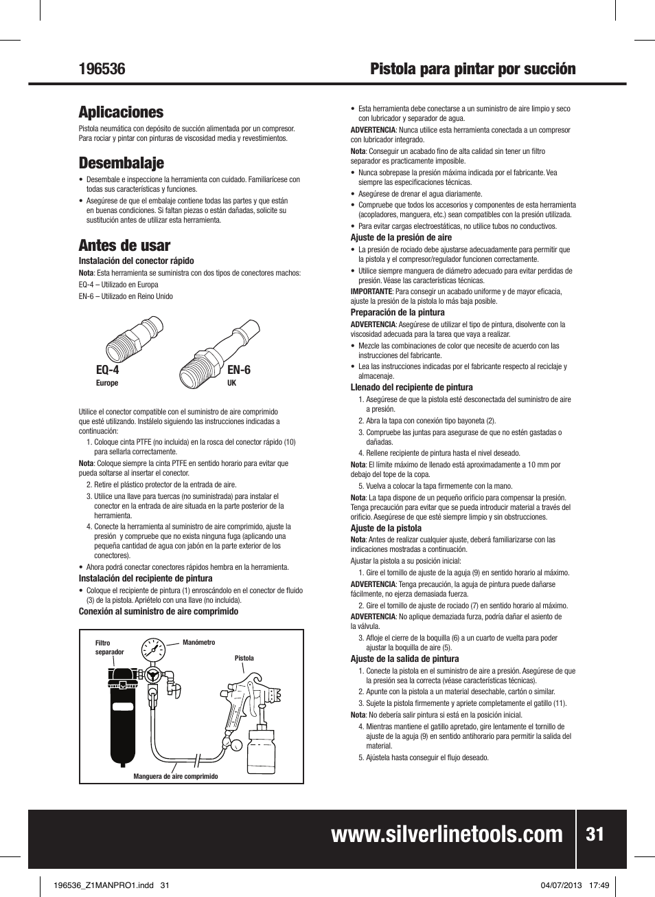 Aplicaciones, Desembalaje, Antes de usar | Pistola para pintar por succión, Eq-4, En-6 | Silverline Spray Gun Suction Feed User Manual | Page 32 / 56