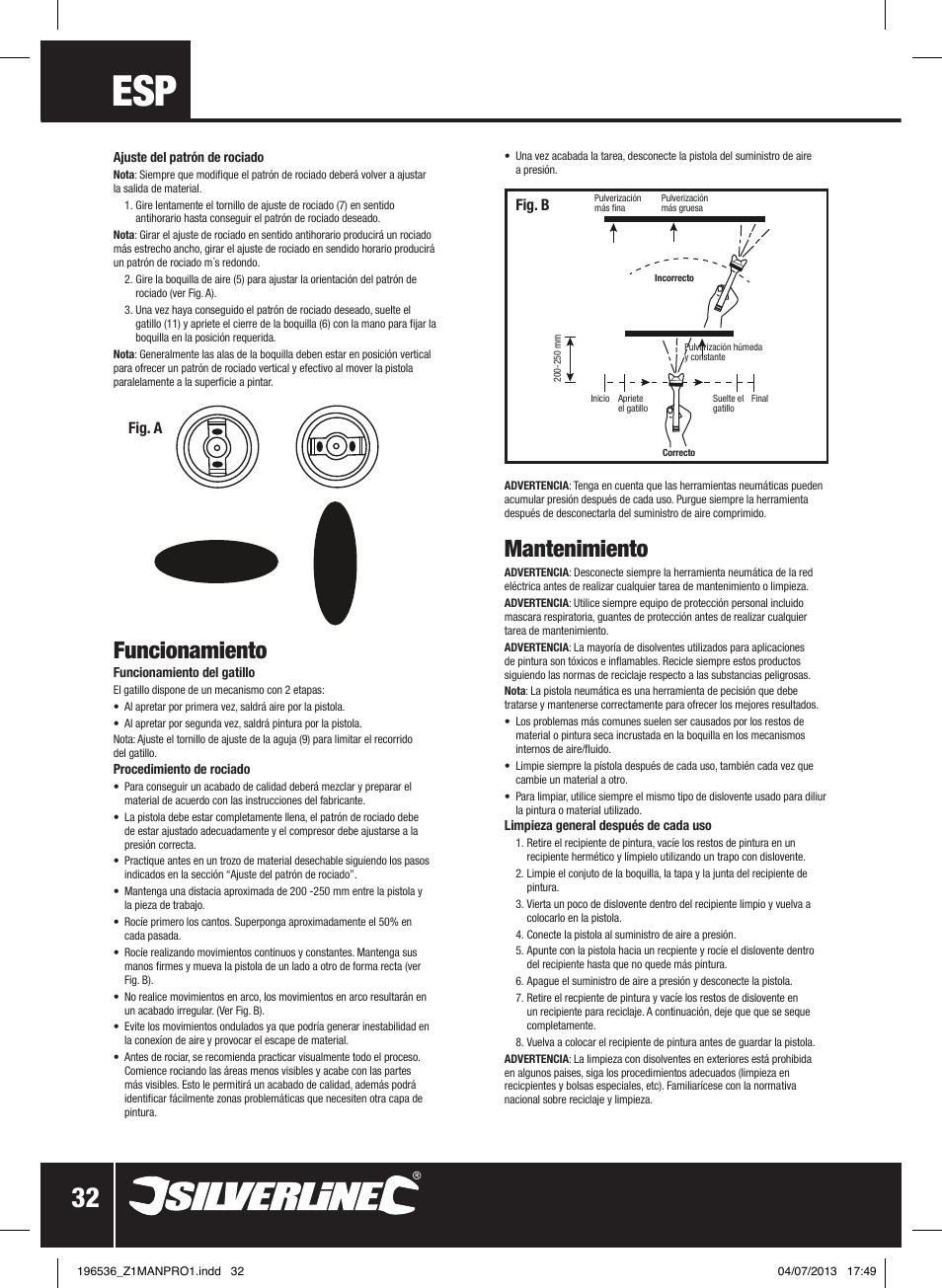 Funcionamiento, Mantenimiento | Silverline Spray Gun Suction Feed User Manual | Page 33 / 56