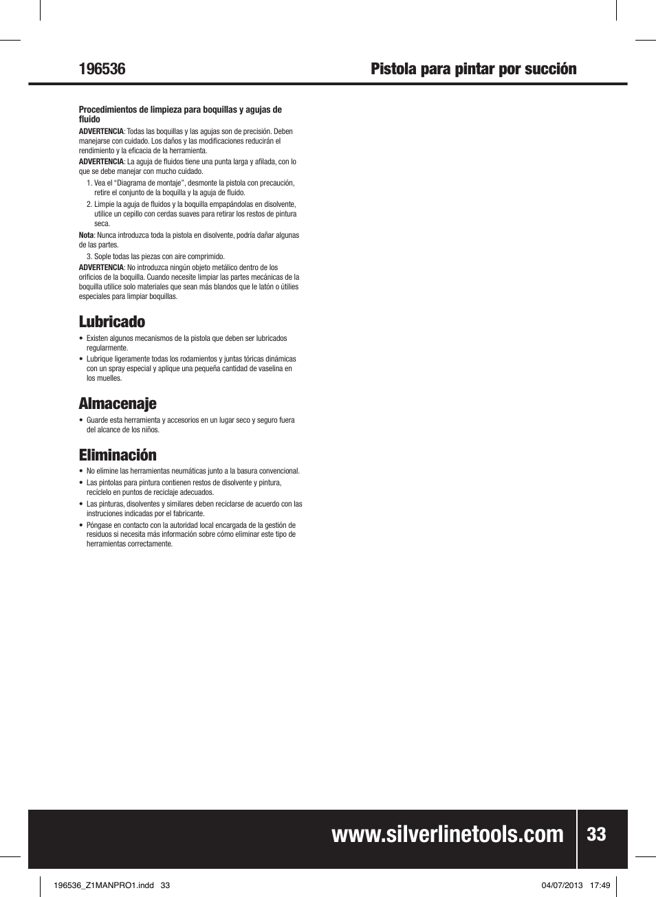 Lubricado, Almacenaje, Eliminación | Silverline Spray Gun Suction Feed User Manual | Page 34 / 56