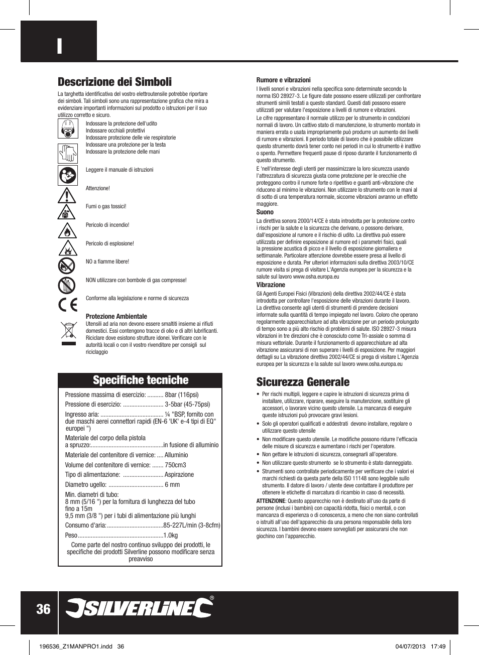 Sicurezza generale, Descrizione dei simboli, Specifiche tecniche | Silverline Spray Gun Suction Feed User Manual | Page 37 / 56