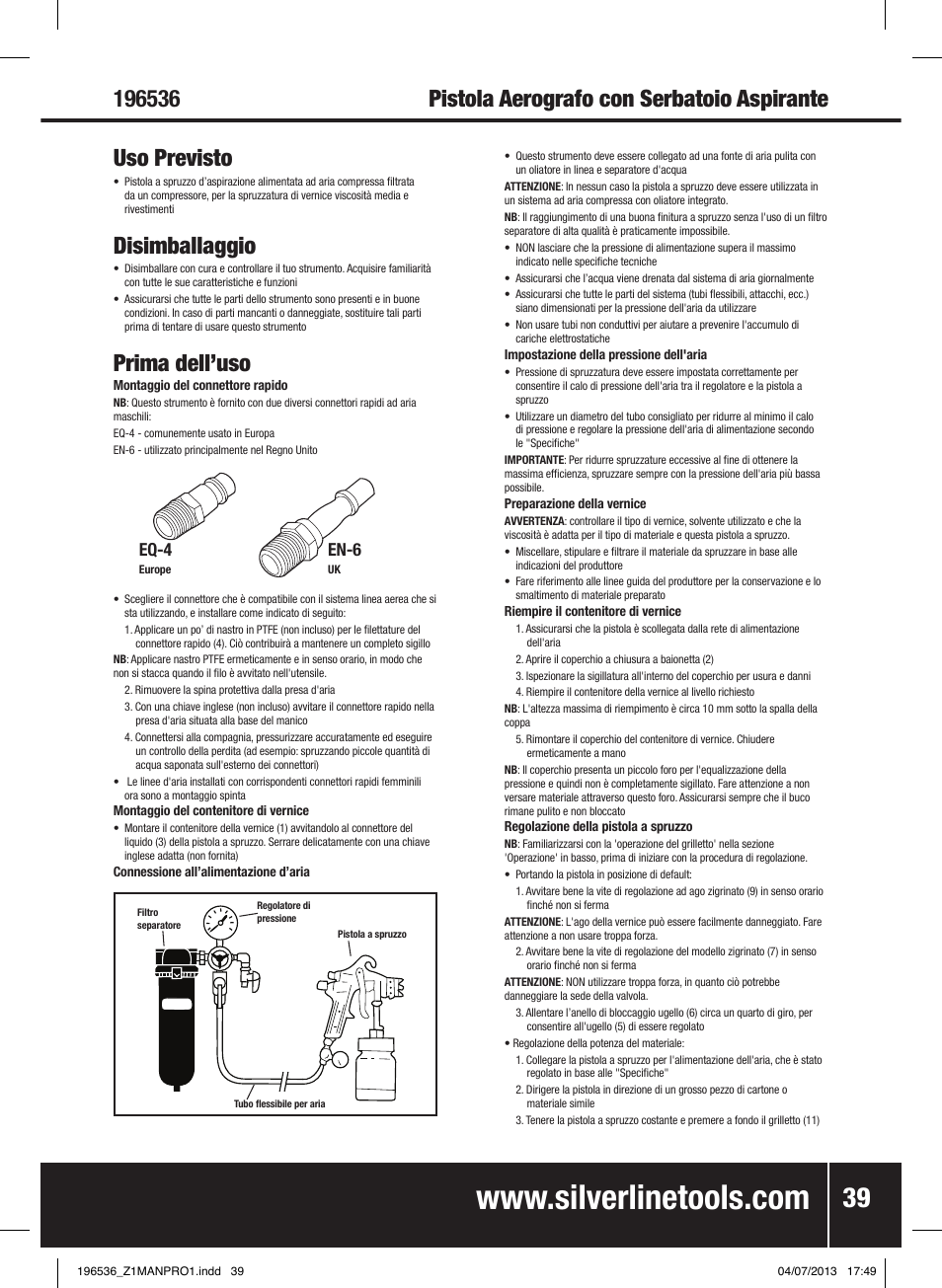 Pistola aerografo con serbatoio aspirante, Uso previsto, Disimballaggio | Prima dell’uso, Eq-4, En-6 | Silverline Spray Gun Suction Feed User Manual | Page 40 / 56