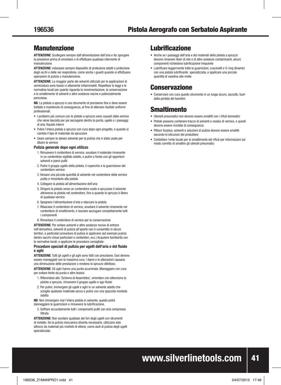 Lubrificazione, Conservazione, Smaltimento | Silverline Spray Gun Suction Feed User Manual | Page 42 / 56